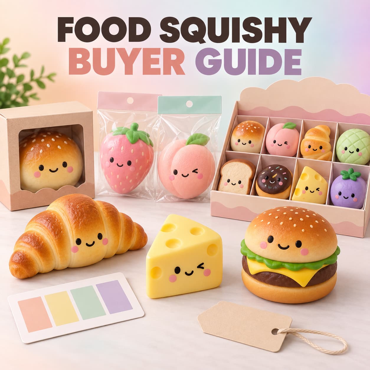 Food-shaped squishy toys wholesale buyer guide with bakery, fruit, burger, cheese and retail display products