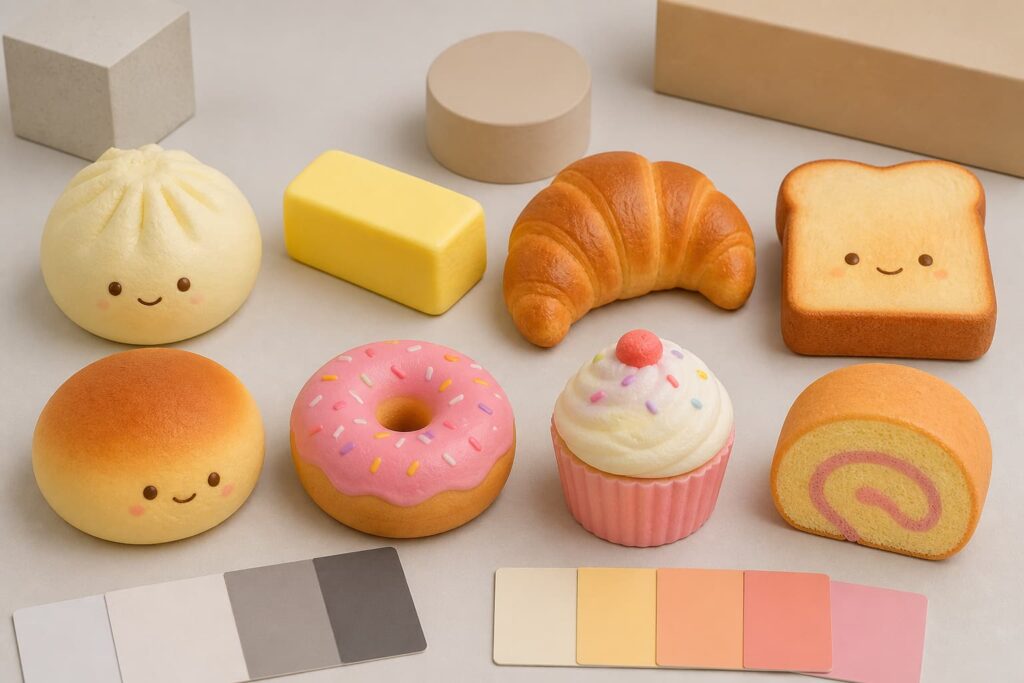 Wholesale bakery food squishy assortment with bao butter croissant toast bun donut cupcake and roll cake