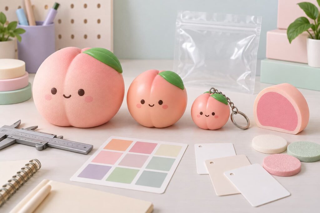  Peach food squishy prototypes comparing slow-rising foam, compact elastomer and keychain sizes with color and packaging samples