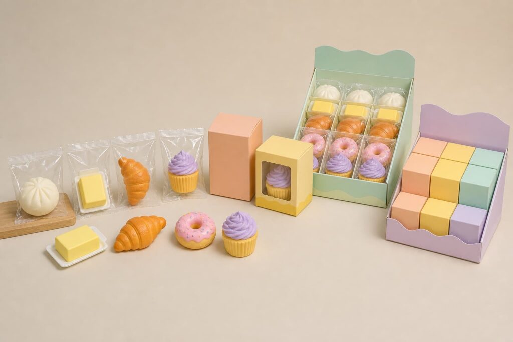 Croissant and bread bun squishy samples compared for baked color gradients and surface finish