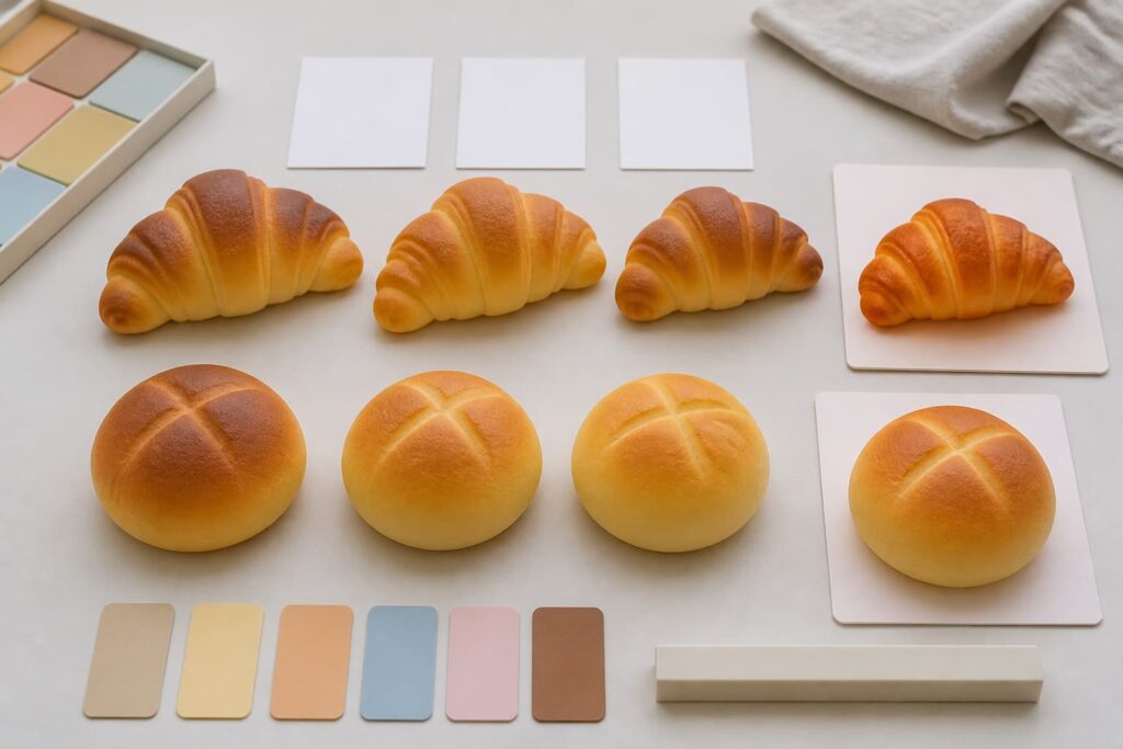- 替代文本：Flocked animal matte bread and glossy citrus squishy toys prepared for surface detail inspection- 标题：Squishy Surface Detail Inspection