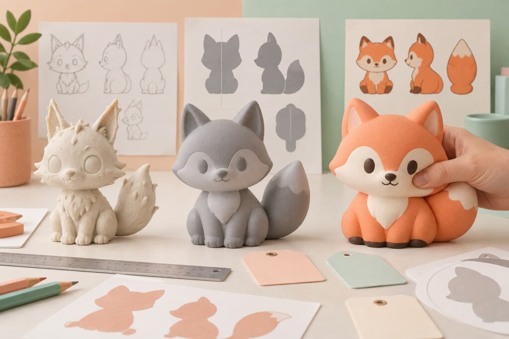 ** Custom squishy toy from 2D artwork to orthographic views, gray 3D prototype and finished otter sample