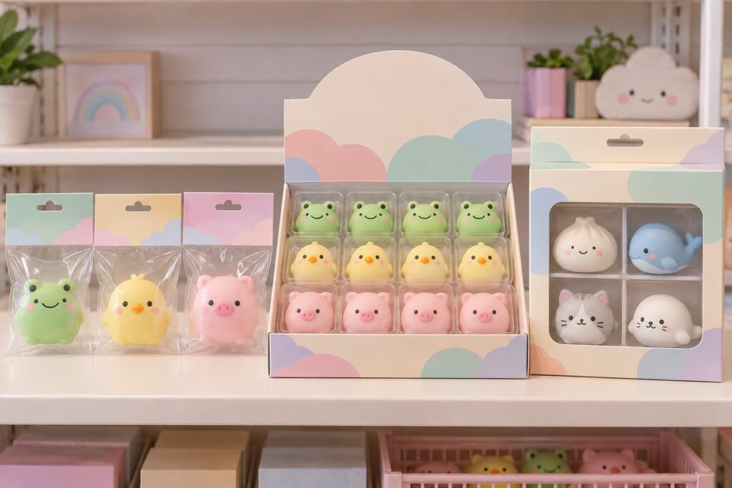 Mochi squishy toys wholesale assortment with pastel animals individual packs and countertop display