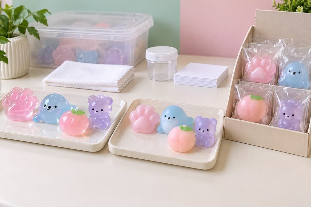 Squishy toy finish sample approval with bakery bear master sample, squeeze, rub and packaging checks
