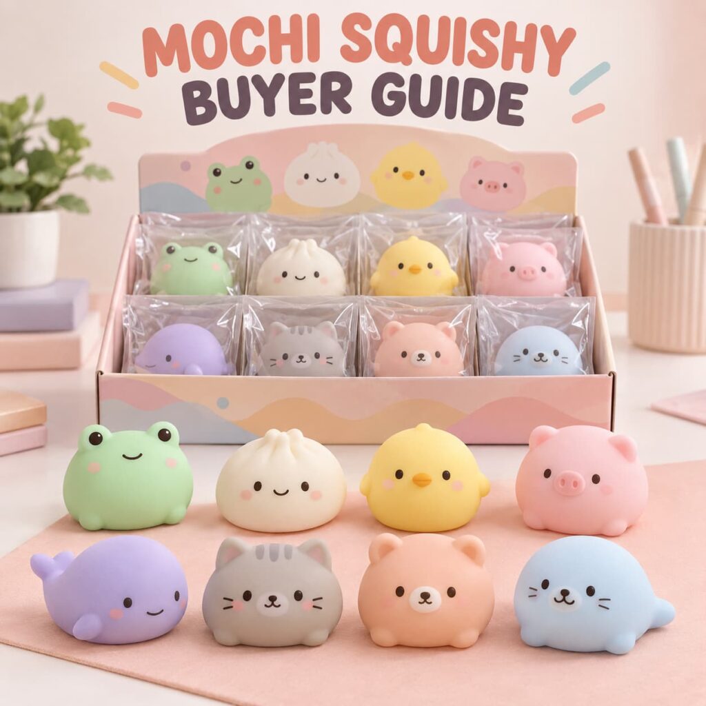 Buyer reviewing mochi squishy samples for elastic feel surface tack color and packaging contact