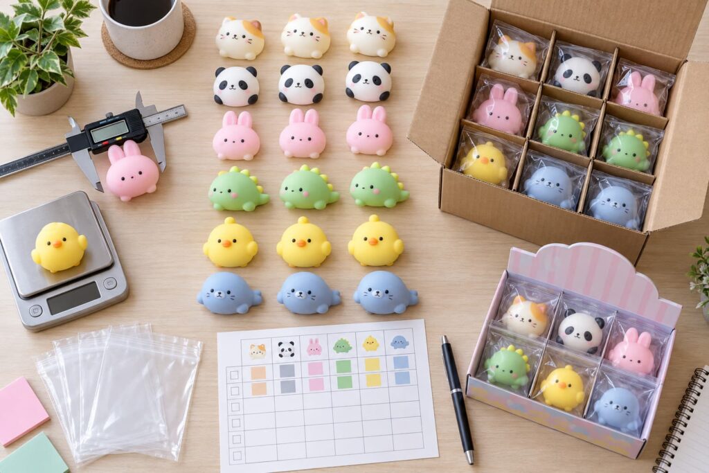 Mochi squishy toys in individual bags twelve-count countertop display and four-piece window box