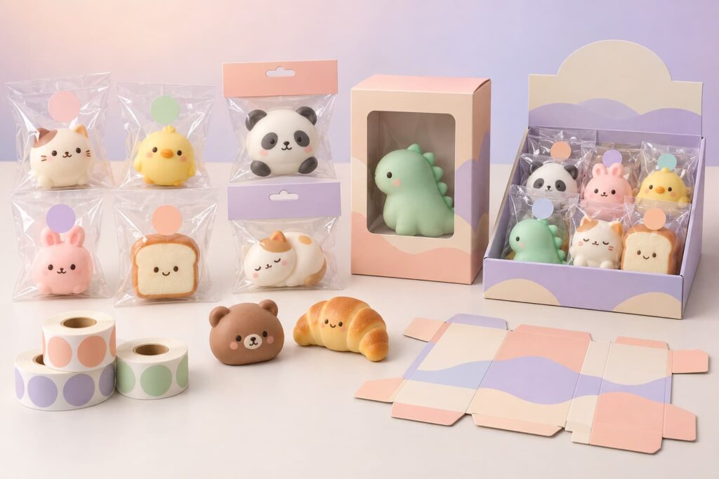 Stock squishy toy shapes compared with custom color options for wholesale quotation planning`