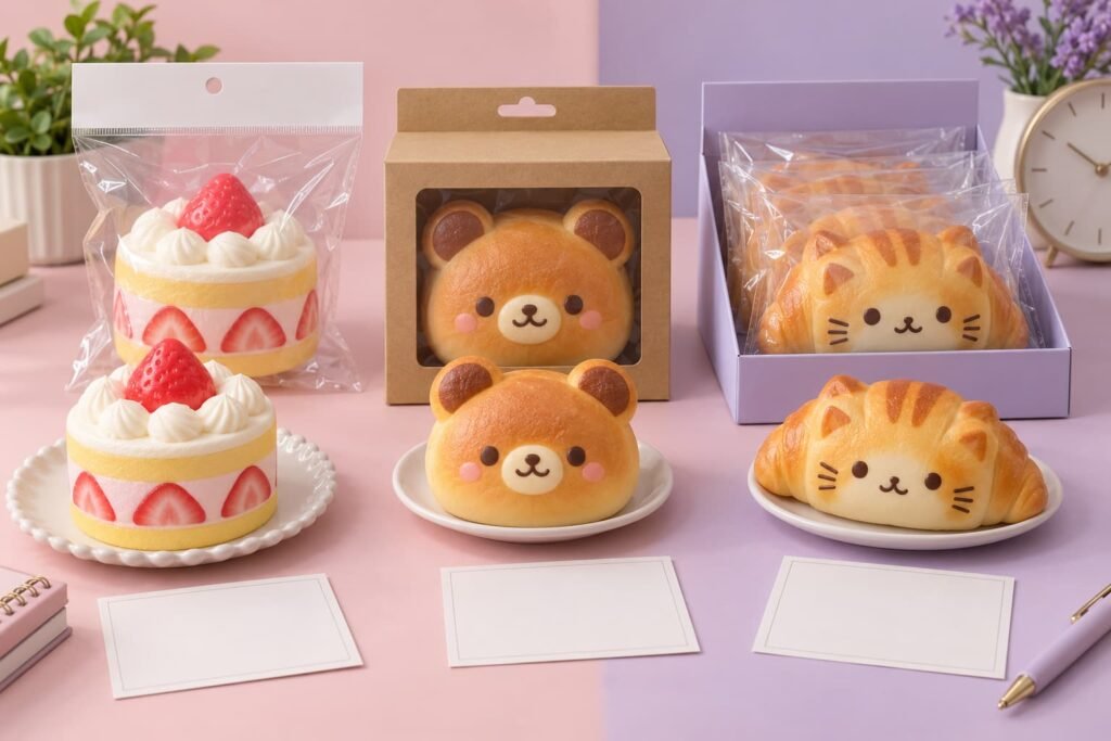 - 替代文本：Scent direction board pairing strawberry cake, bear bread, citrus cat croissant and cocoa bun squishies with aroma references
- 标题：Scented Squishy Scent Direction Board
