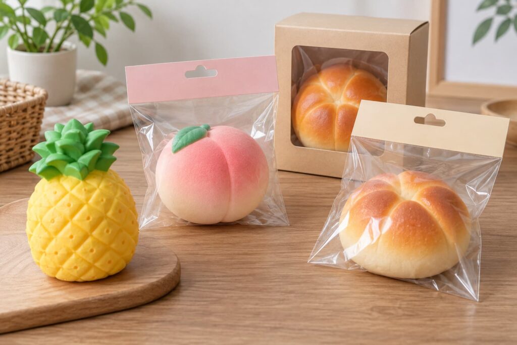 Pineapple peach and bread squishy toys compared in clear bags and a window box