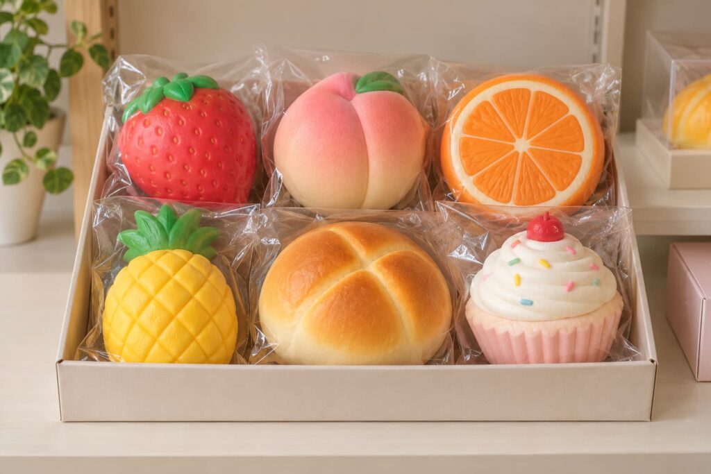 Coded strawberry squishy fragrance samples with an unscented control for buyer comparison