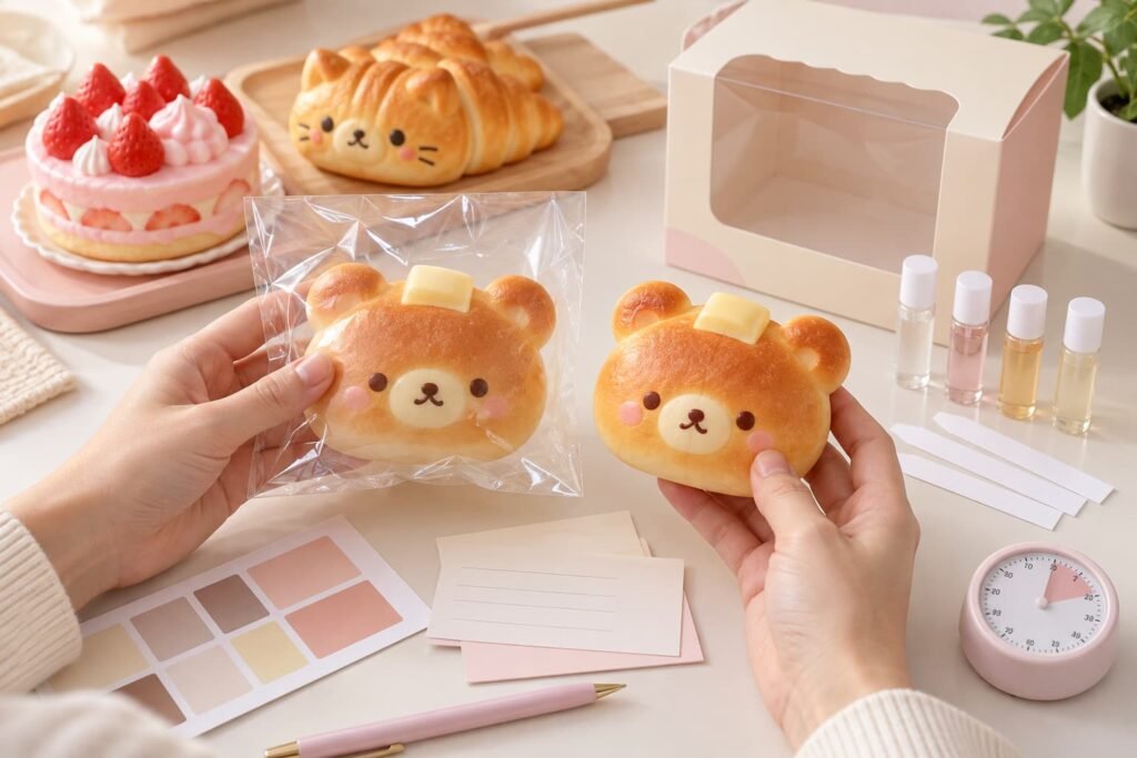Scented strawberry cake, bear bread and cat croissant squishies compared in clear bag, window box and display packaging