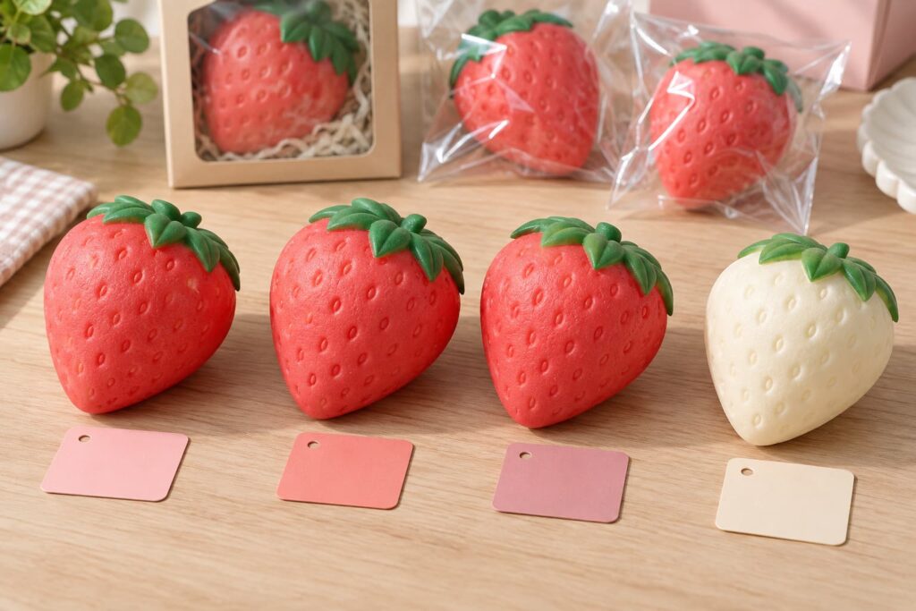 Coded strawberry squishy fragrance samples with an unscented control for buyer comparison
