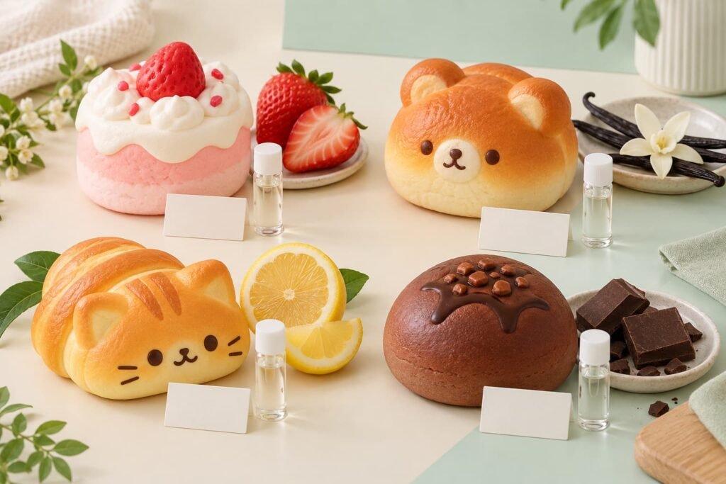 Buyer compares bagged and unpacked bear bread scented squishy samples with fragrance vials, blotter strips and packaging