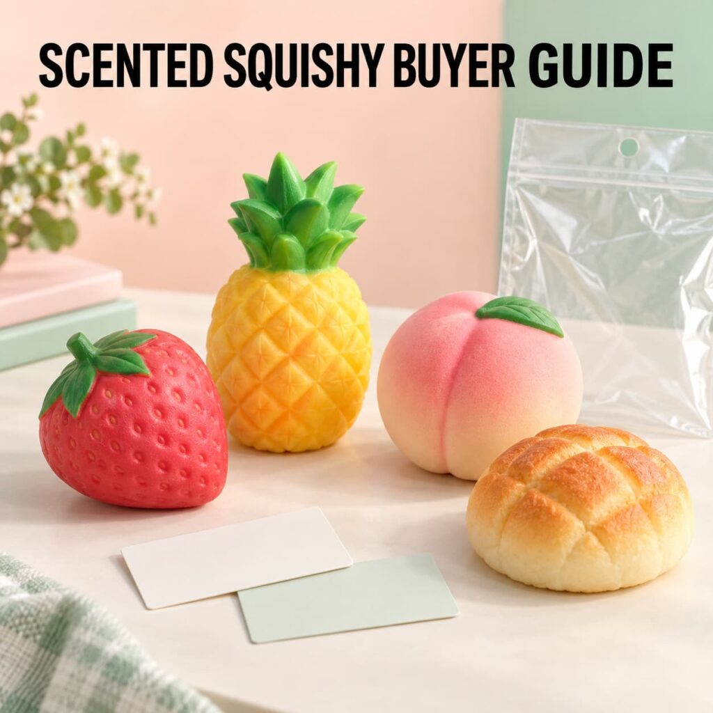 Scented squishy toys wholesale buyer guide with strawberry pineapple peach and bread samples