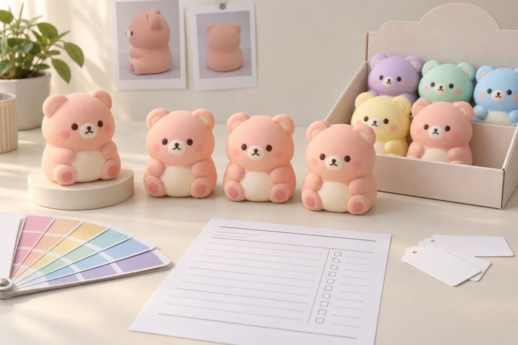 Squishy toy batch color consistency review comparing a golden sample with production samples and retail display colorways