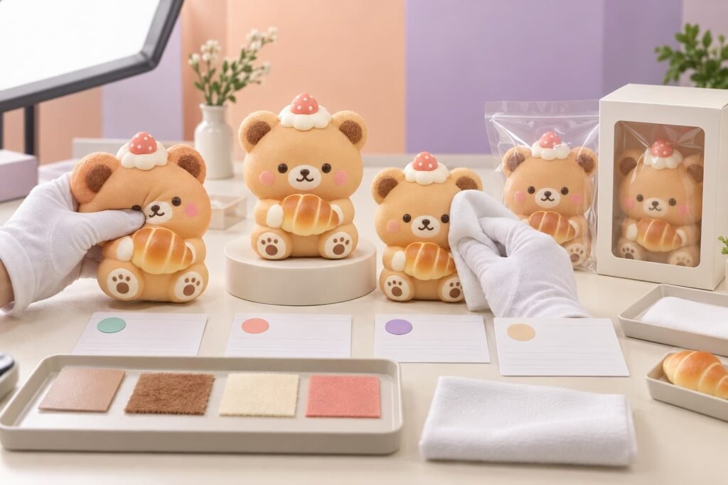 TPR TPE mochi squishy surface handling with glossy, low-tack and individually bagged paw, seal, peach and bear samples