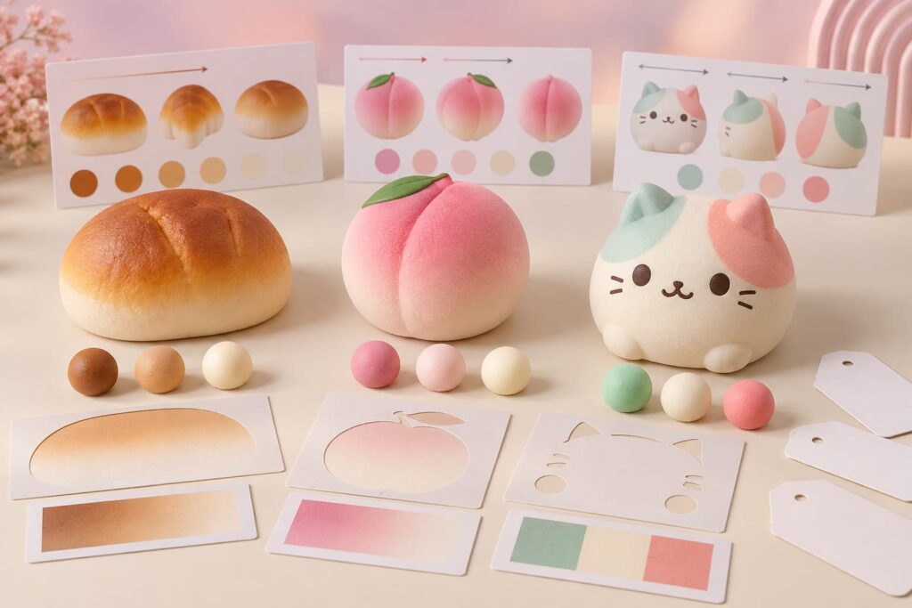 Squishy toy gradient painting and color zone approval for bread, peach and cat samples