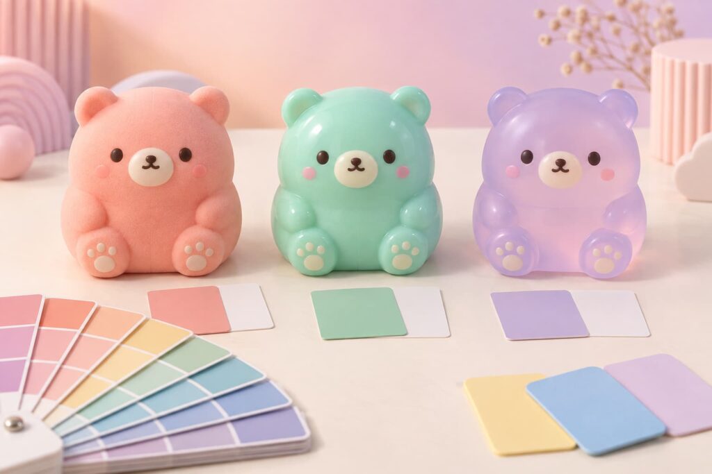 ** PU foam and TPR TPE squishy color sample comparison with matte, glossy and translucent bear prototypes