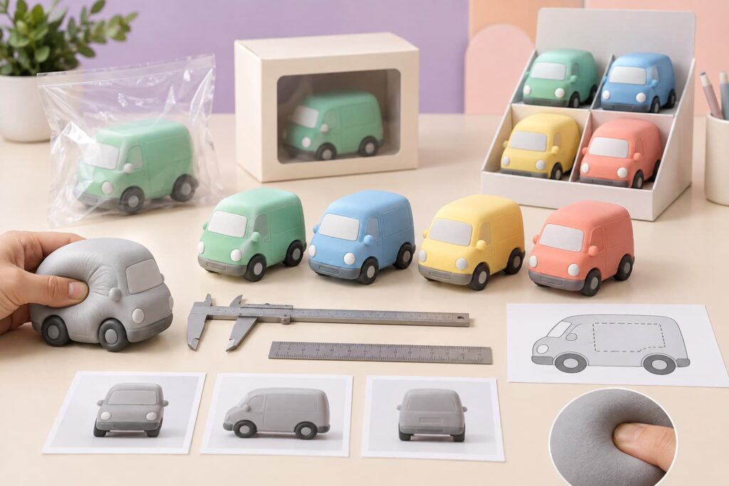  Custom PU foam van squishy sample approval with size measurement, imprint area, clear bag, window box and display packaging