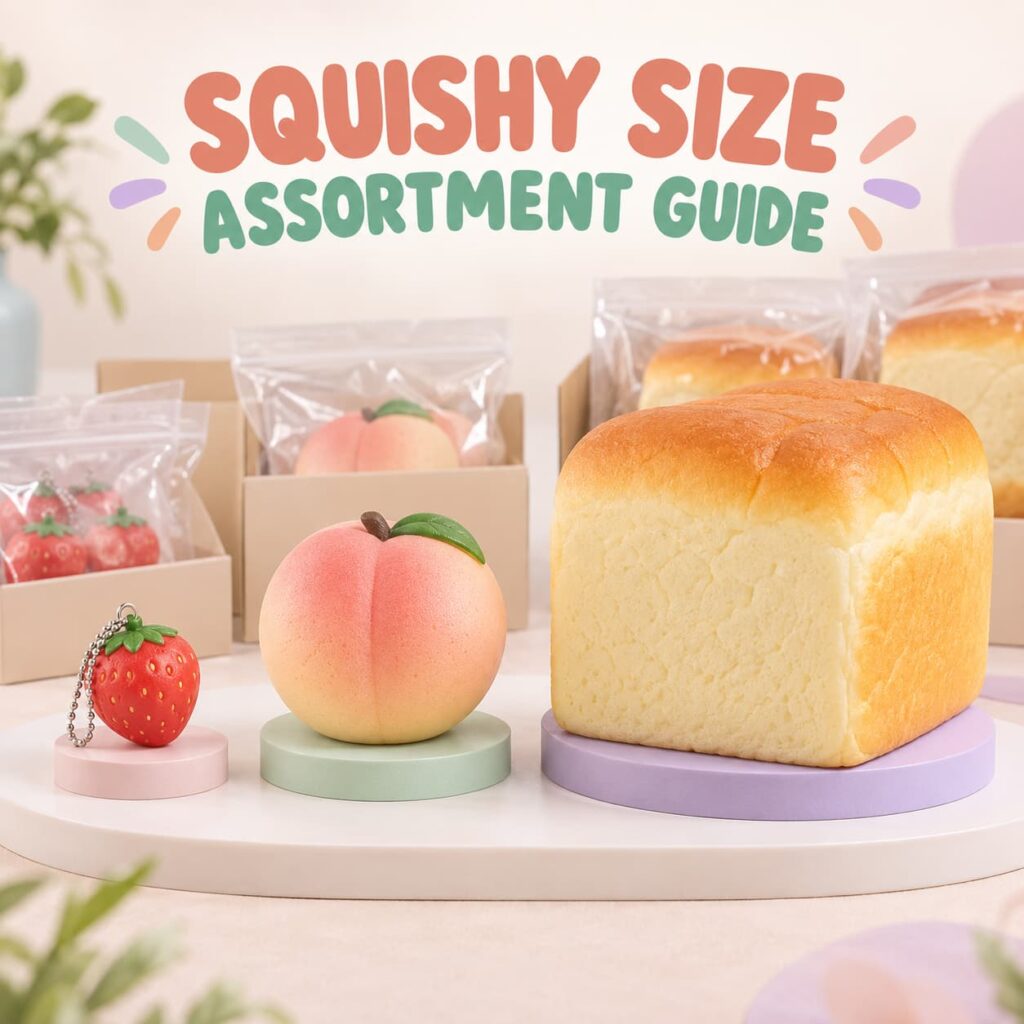 Mini strawberry palm-size peach and jumbo bread squishy toy size assortment for wholesale buyers