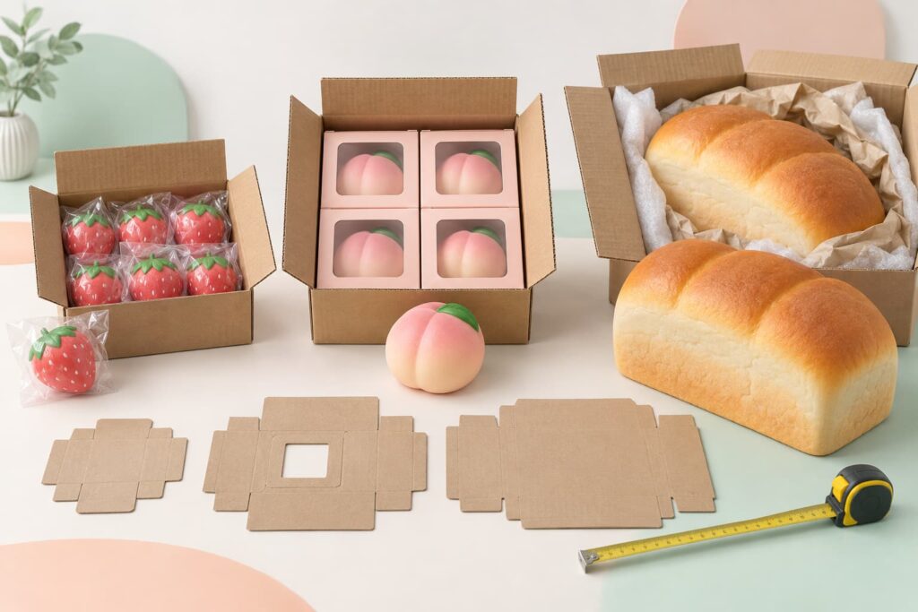 Mini fruit palm-size character and jumbo bread squishy toys arranged by retail display role