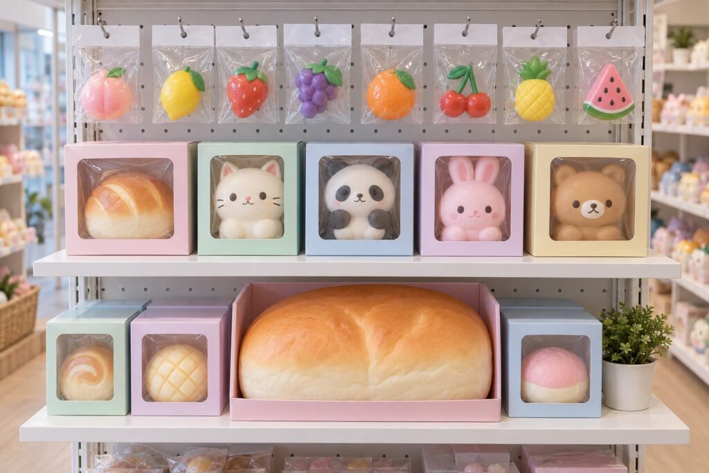 - 替代文本：Three peach squishy toys comparing mini palm-size and jumbo dimensions on one tabletop- 标题：Mini Palm-Size and Jumbo Squishy Comparison