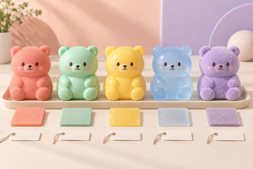 Matte, satin, glossy, translucent and flocked squishy toy surface finish comparison on matching bear samples