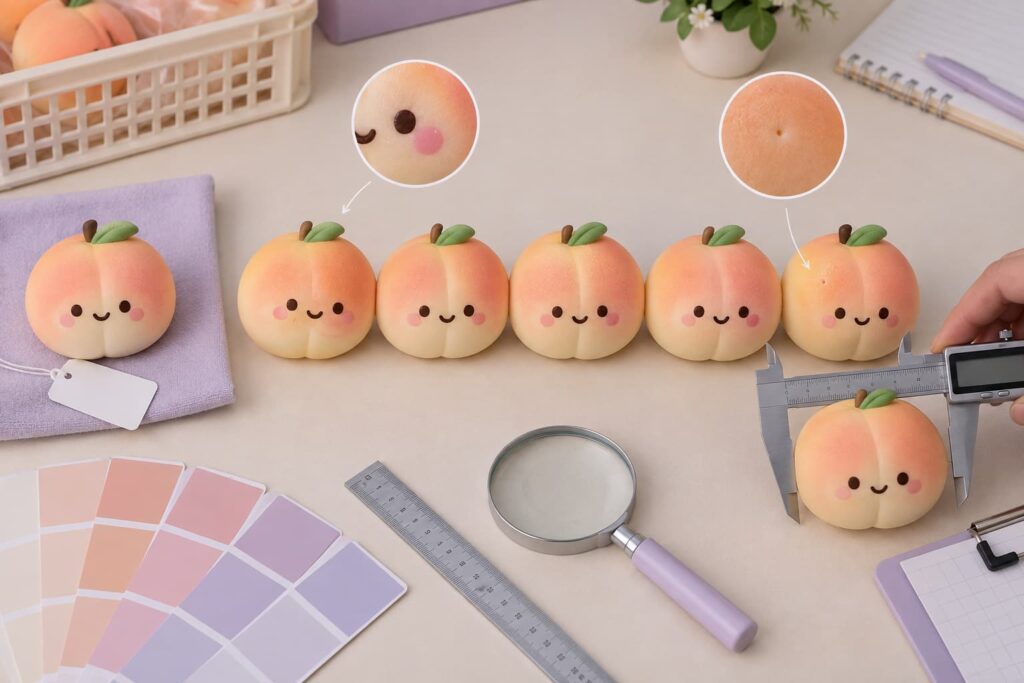 Wholesale peach squishy toys compared with an approved sample for color print alignment size and surface defects