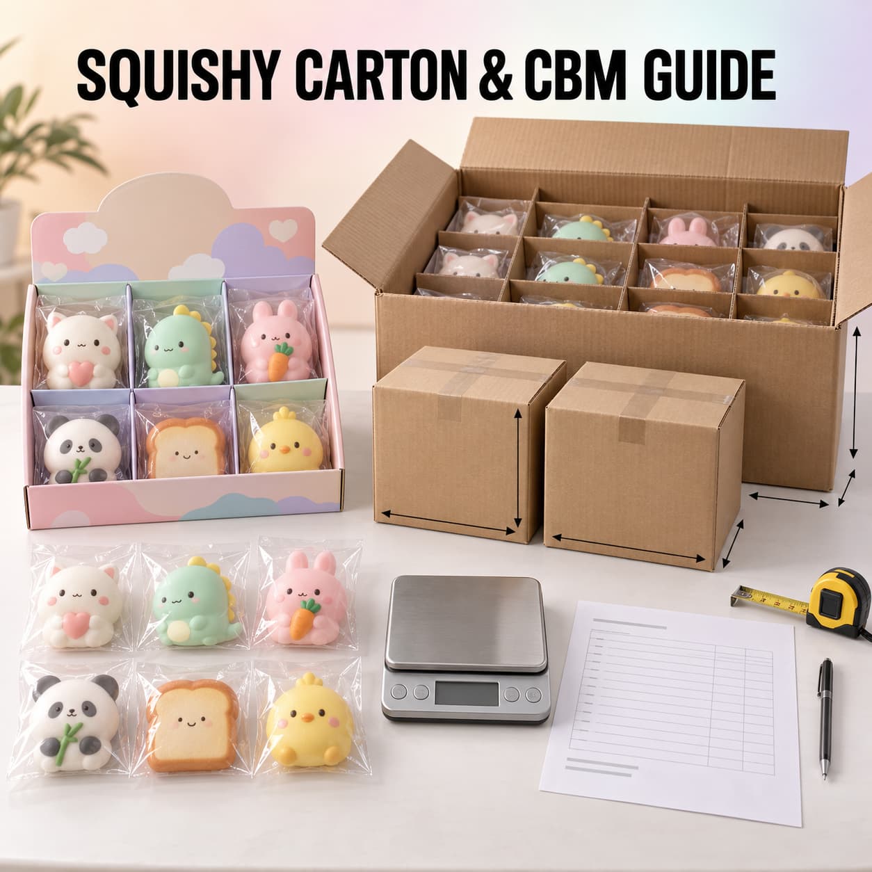 Squishy toy carton and CBM guide showing individual bags display box inner cartons master carton scale and tape measure