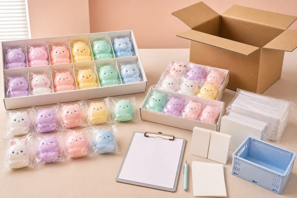 Squishy toy workmanship surface and tactile inspection examples