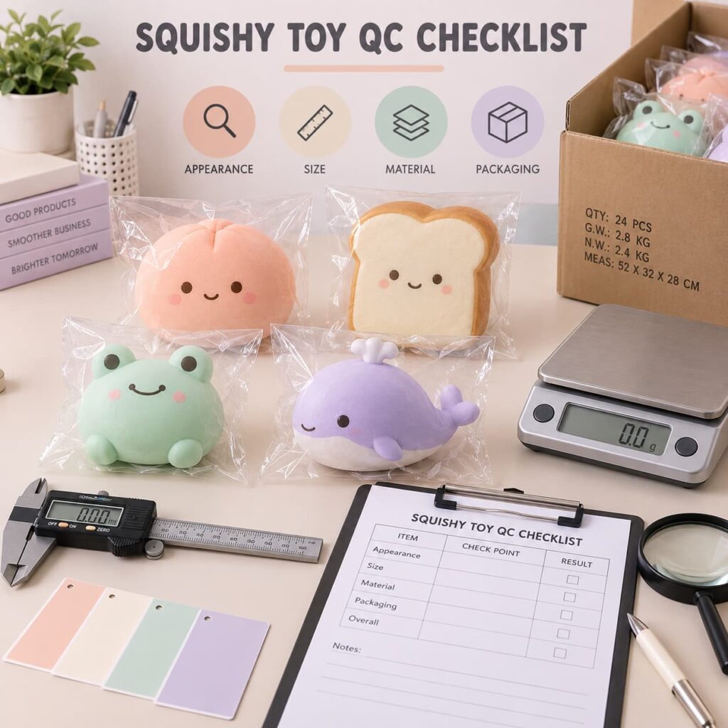 Squishy toy quality control checklist with packaged products caliper scale and export carton
