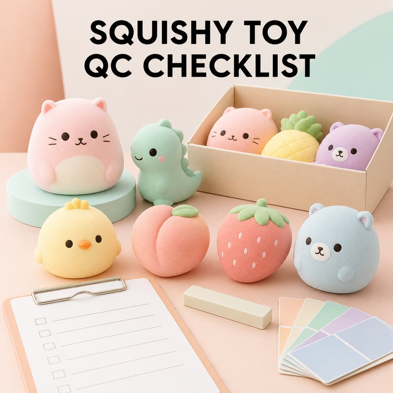 Squishy toy quality inspection checklist with approved sample bulk units and packaging