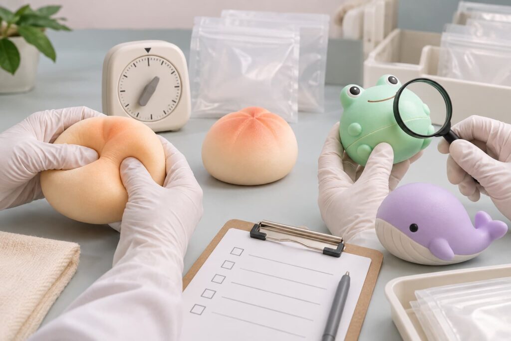 Packaged squishy toys barcode scanner scale tape measure and divided master carton during inspection
