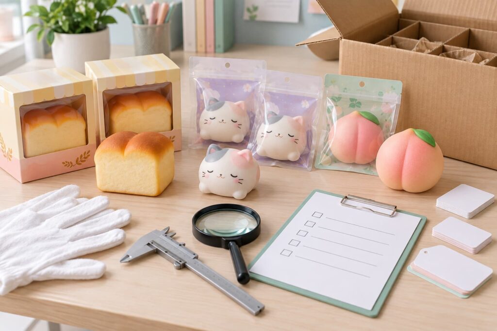 Squishy toy test report product matching with packaged mochi, slow-rising bun, fruit toy, sample ID cards and blank review sheet