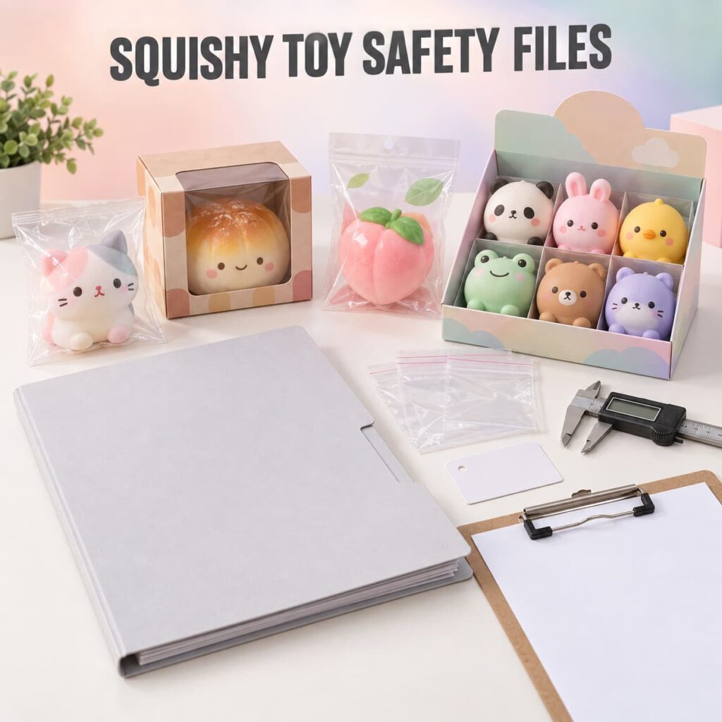 Squishy toy safety files with realistic packaged mochi, slow-rising bun, fruit squeeze toy, display box and blank compliance documents