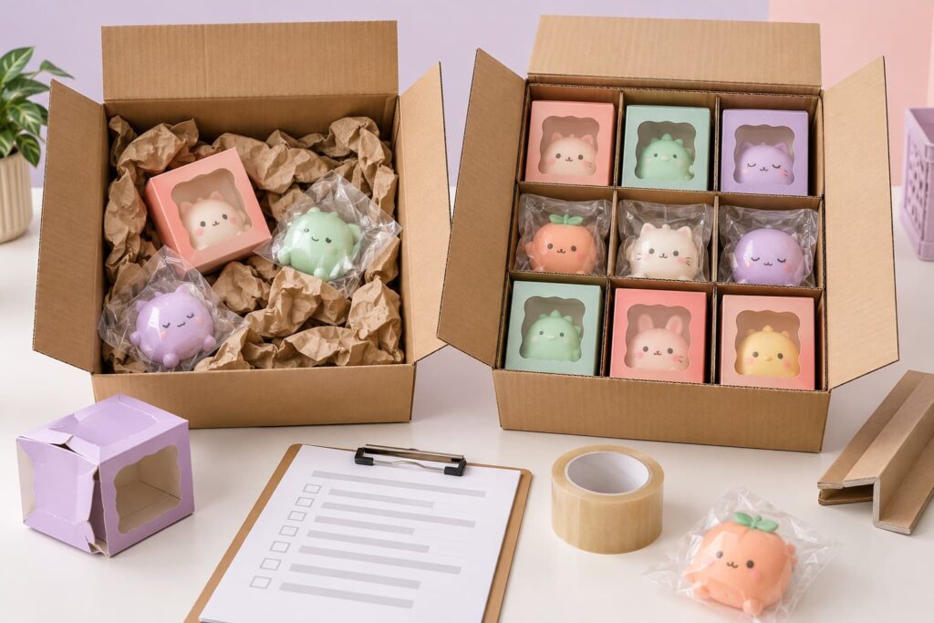  Squishy toy master carton measurement with tape scale packing table and retail package for CBM planning