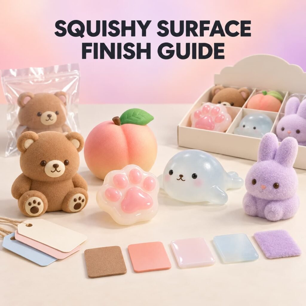Squishy toy surface finish guide with matte PU, satin peach, glossy TPR paw, translucent seal and flocked bunny samples