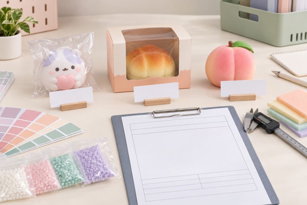 Packaged bear mochi squishy toys linked to blank batch cards, traceability tags, document folder and divided shipping carton