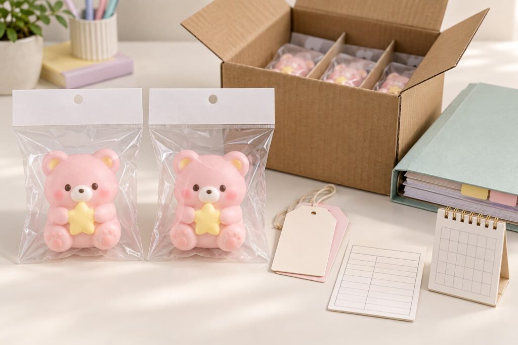 Retained squishy toy samples and retail packages reviewed with calipers, magnifier, blank checklist and shipping carton