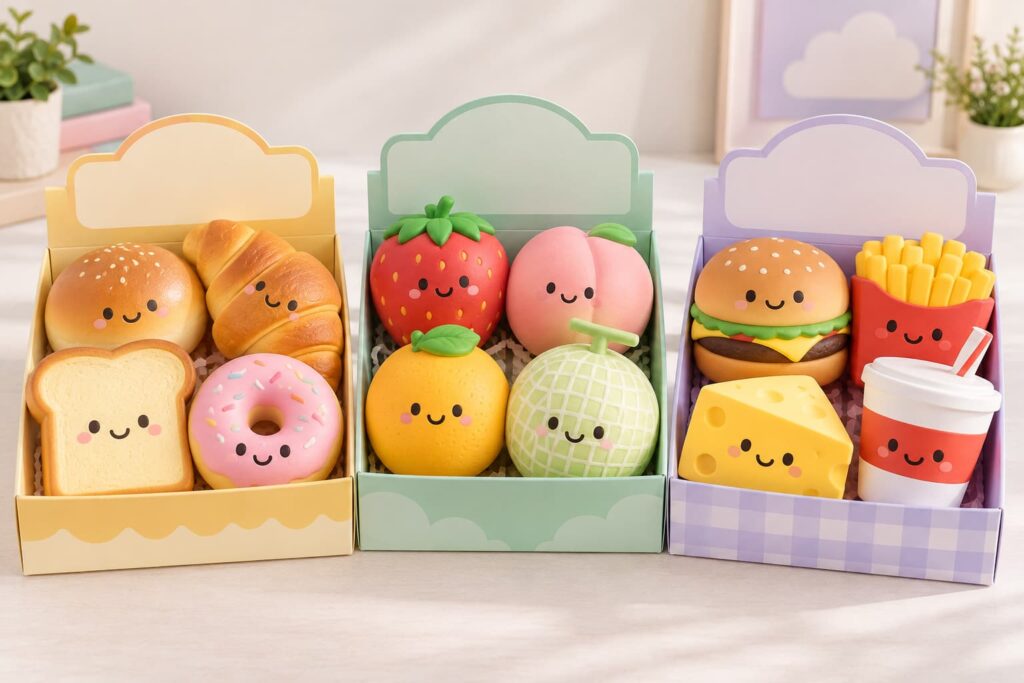Wholesale food squishy assortment directions with bakery, fruit and snack meal toys in unbranded display trays