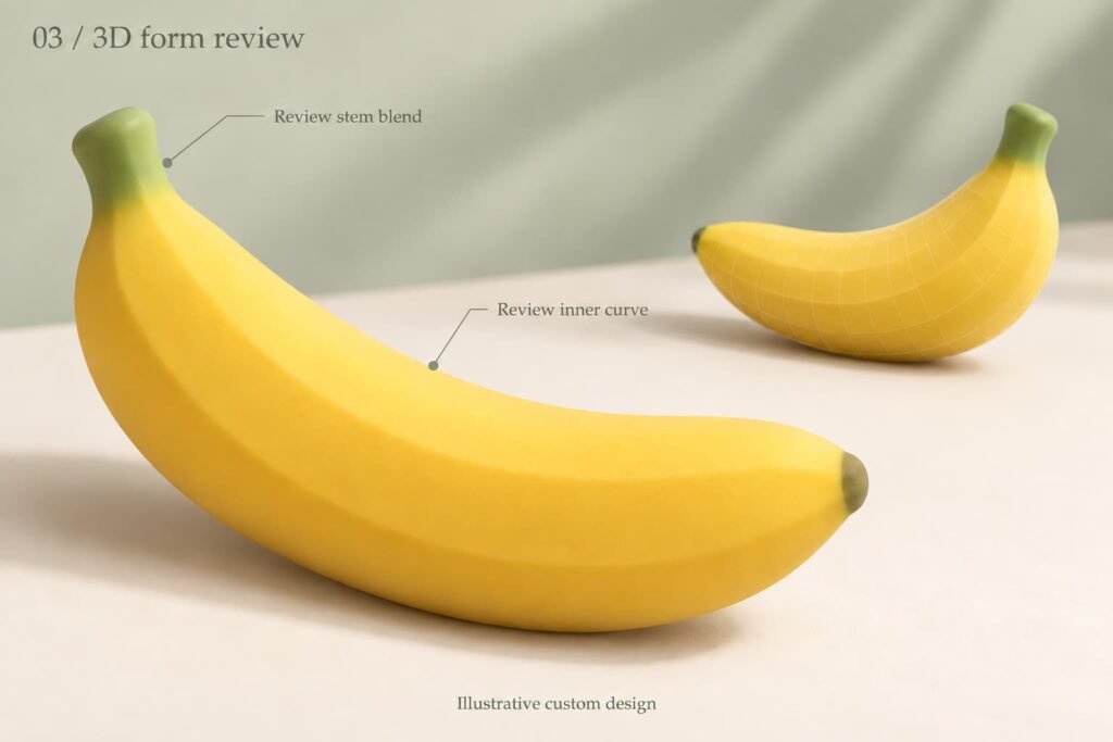 Colored side, top and end views of one custom banana squishy with body, stem and tip color zones