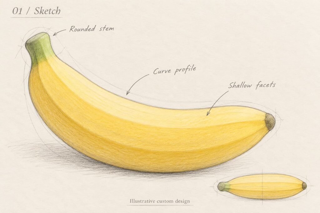 Hand-drawn banana squishy concept sketch showing the curve profile, rounded stem and shallow facets