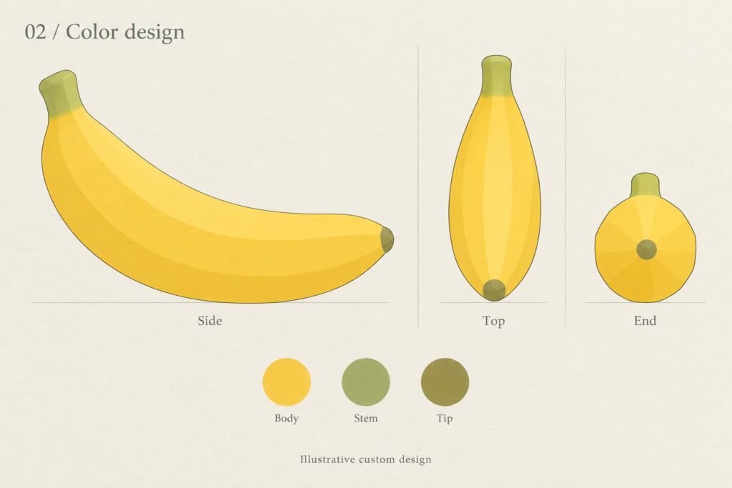 Illustrative banana squishy 3D form review showing the stem blend and inner curve