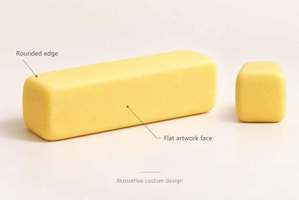 Front and top views of a yellow butter-bar squishy with a proposed artwork area and color swatches