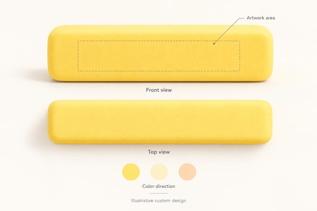 Colored three-dimensional butter-bar squishy views highlighting a rounded edge and flat artwork face