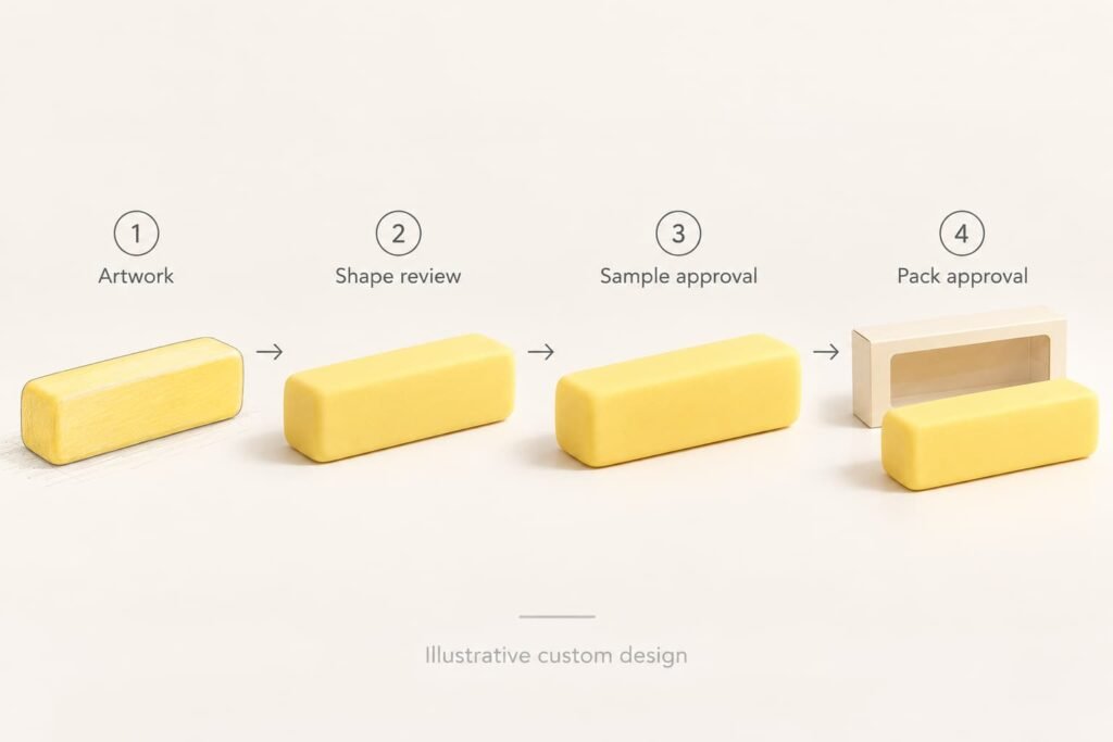 Four illustrated butter-bar customization stages covering artwork, shape review, sample approval and pack approval