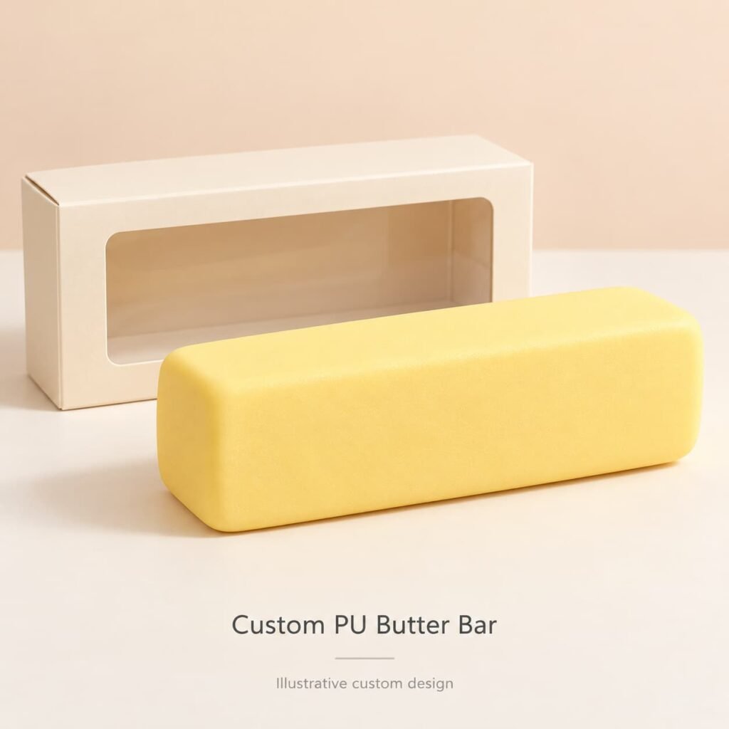 Yellow rounded butter-bar foam squishy concept beside a cream window-box mockup