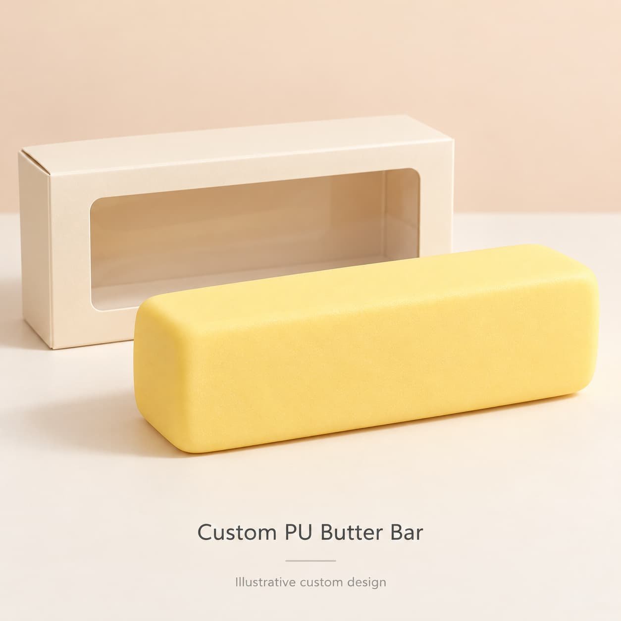 Yellow rounded butter-bar foam squishy concept beside a cream window-box mockup