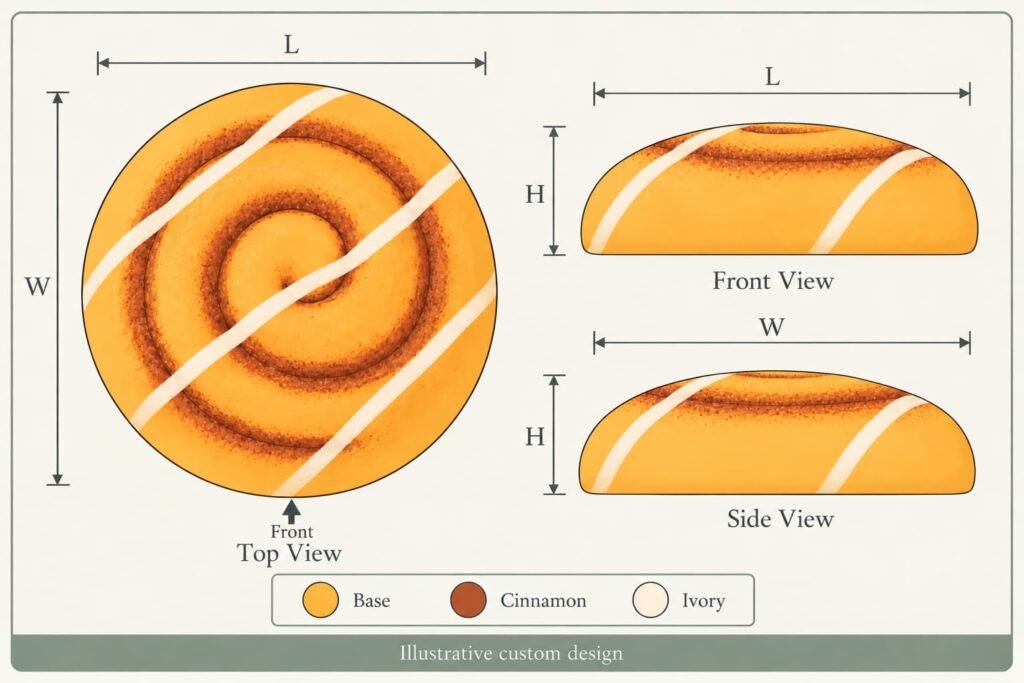 Colored top front and side views of a cinnamon roll squishy with a separate color map