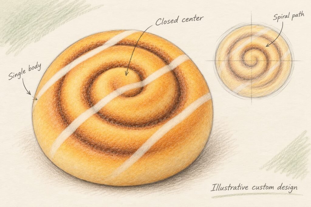 Hand-drawn cinnamon roll squishy sketch showing the closed center and spiral direction